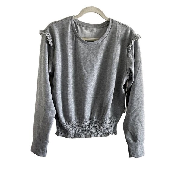 Jessica Simpson Tops - Jessica Simpson Women L Gray Ruffle Sleeve Ruched Waist Pullover Sweatshirt NWT
